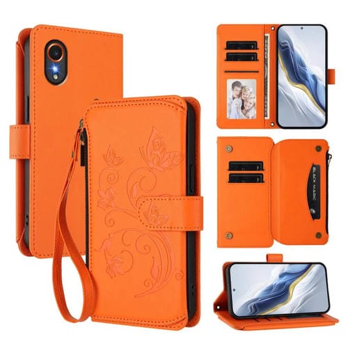 Funda de cuero con cremallera para Samsung Galaxy XCover7 5G, diseño de mariposas, flores y amor, con múltiples tarjetas (naranja)