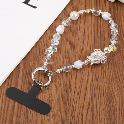 Cadena de cuentas de lujo universal para teléfono, correa con cuentas de cristal antipérdida (blanca)