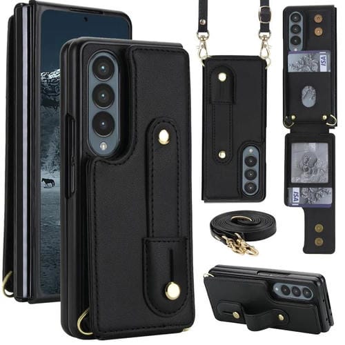 Funda tipo cartera con tapa vertical y correa para Samsung Galaxy Z Fold4 5G, con cordón largo (negro)