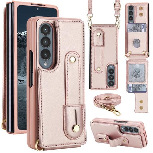 Funda tipo cartera con tapa vertical y correa para Samsung Galaxy Z Fold4 5G, con cordón largo (oro rosa)