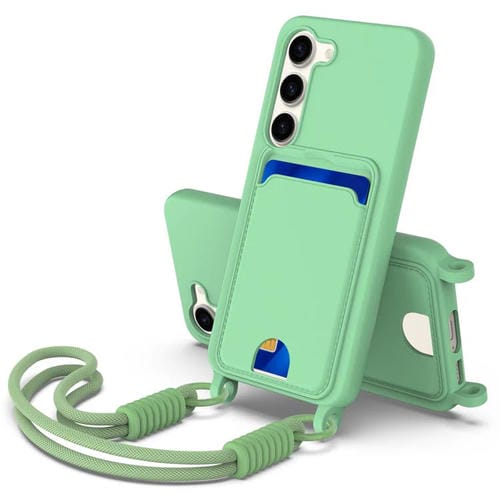 Funda de silicona líquida de color sólido para Samsung Galaxy S23 5G con tarjetero integrado y cordón corto (verde)