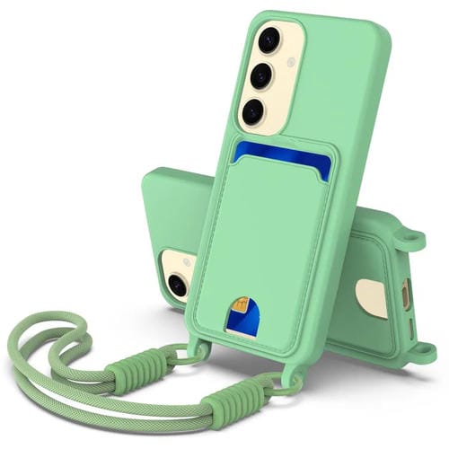 Funda de silicona líquida de color sólido para Samsung Galaxy S24 5G con tarjetero integrado y cordón corto (verde)
