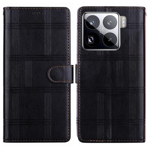 Funda de cuero con relieve a cuadros para Xiaomi 15 Pro (negra)