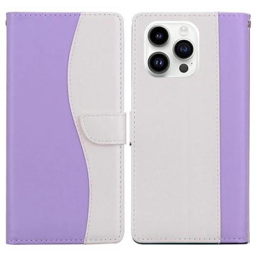 Funda de cuero bicolor con relieve para iPhone 15 Pro Max (morado y blanco)
