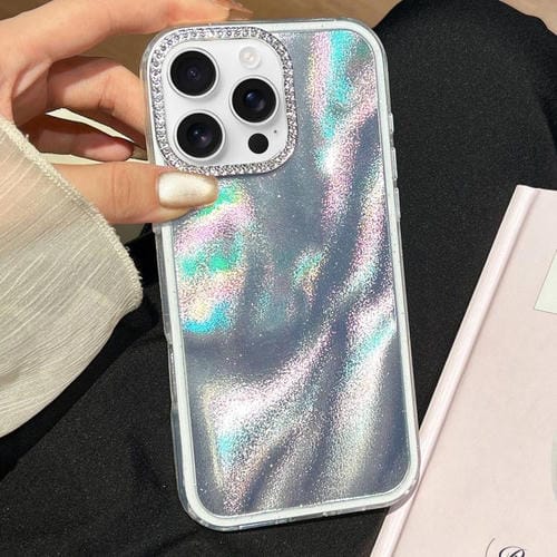 Funda 3 en 1 con diseño de arena movediza y marco de diamante para iPhone 16 Pro Max (plateada)