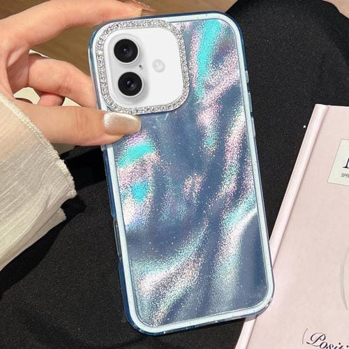 Funda 3 en 1 con diseño de arena movediza y marco de diamante para iPhone 16 Plus (azul)