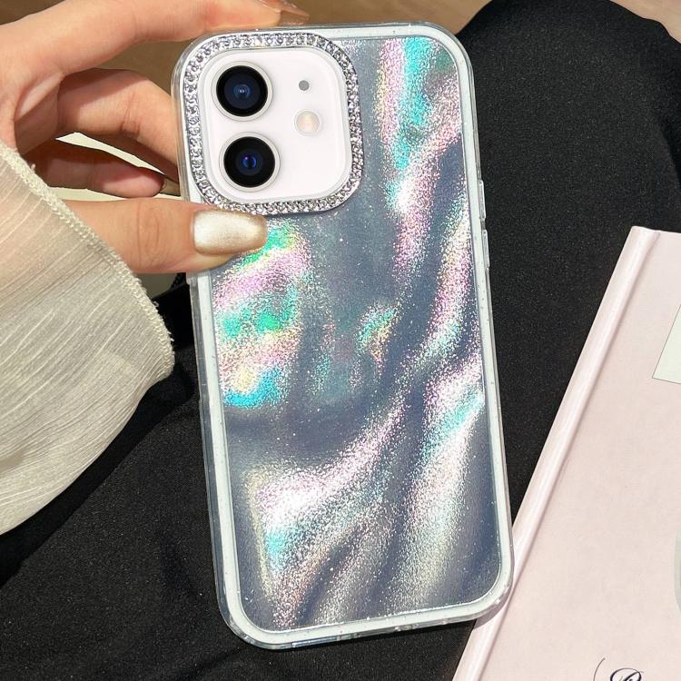 Funda 3 en 1 con diseño de arena movediza y marco de diamante para iPhone 12 (plateada)