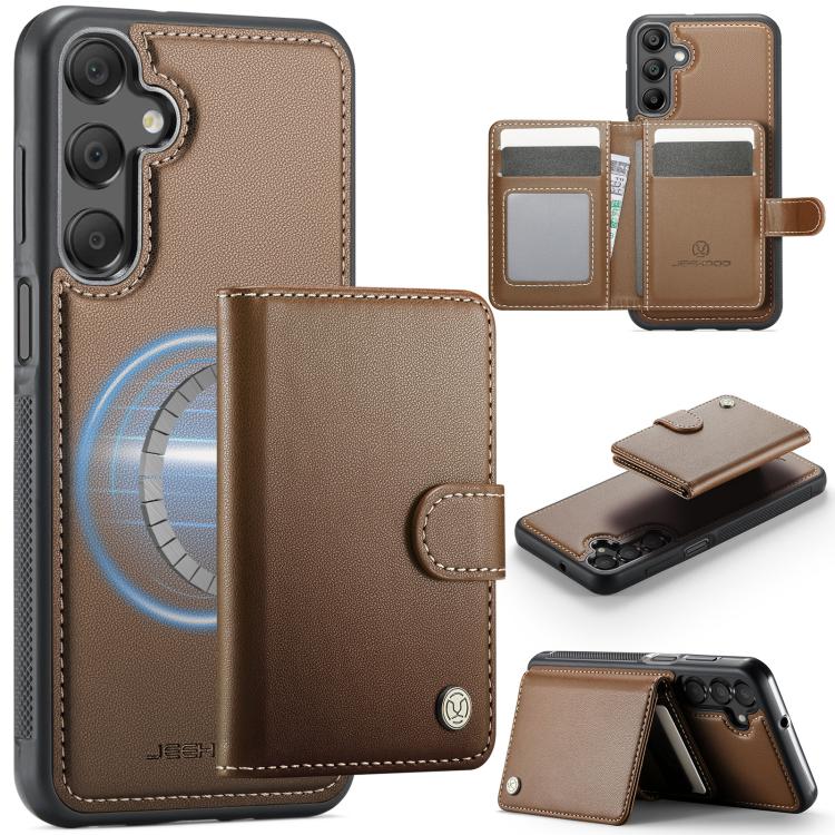 Funda de cuero con hebilla magnética y RFID para Samsung Galaxy A16 4G/5G JEEHOOD J09 (marrón)