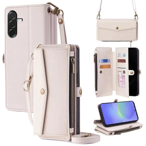 Funda de cuero con cierre de cremallera y hebilla lateral para Samsung Galaxy A36 5G (blanca)