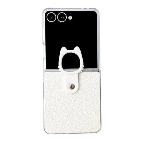 Funda de poliuretano termoplástico (PU) y policarbonato con marco transparente y soporte para anillo para Samsung Galaxy Z Flip6 5G (blanca)