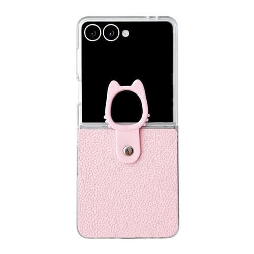 Funda de poliuretano termoplástico (PU) y policarbonato con marco transparente y soporte para anillo para Samsung Galaxy Z Flip5 5G (rosa)