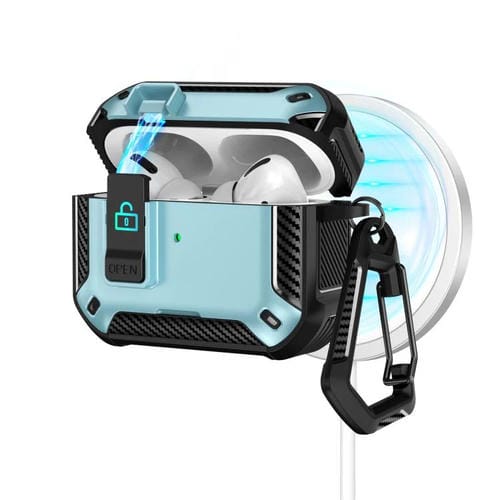 Estuche magnético MagSafe de dos colores para AirPods Pro 2 con soporte y cierre de seguridad (negro y azul claro)
