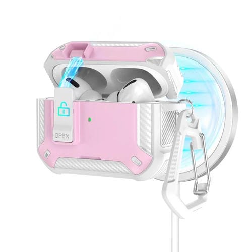 Estuche magnético MagSafe de dos colores para AirPods Pro con soporte y cierre de seguridad (blanco y rosa)