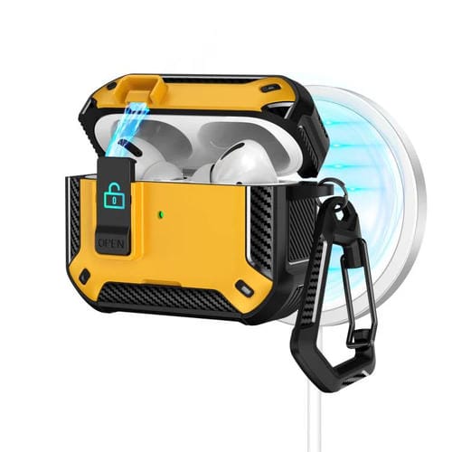 Estuche magnético MagSafe de dos colores para AirPods Pro con soporte y cierre de seguridad (negro y amarillo)