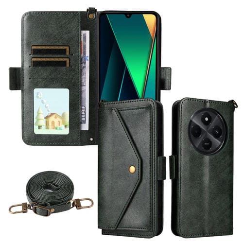 Funda de piel de vacuno cruzada con ranuras para múltiples tarjetas para Redmi 14C 5G / 4G / A4 5G (verde)