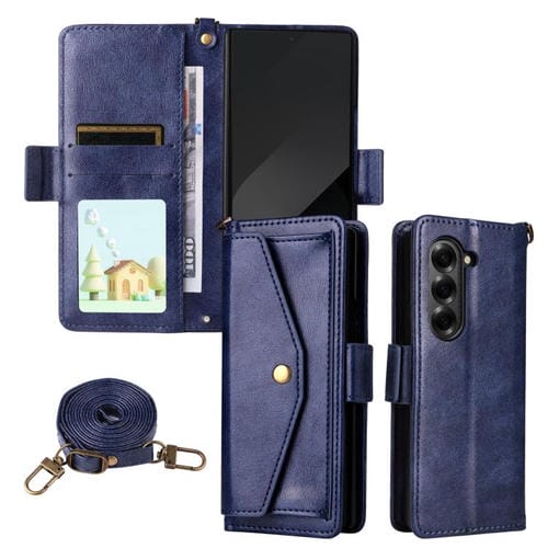 Funda de piel de vacuno cruzada con ranuras para múltiples tarjetas para Samsung Galaxy Z Fold7 5G (azul)