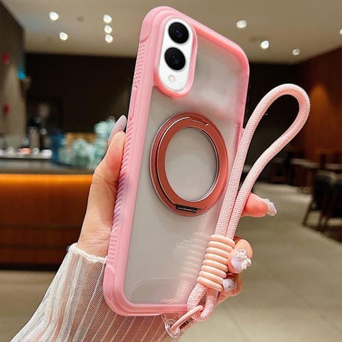 Funda MagSafe para Samsung Galaxy S25 Edge 5G con borde transparente, rotación y correa de muñeca (rosa)