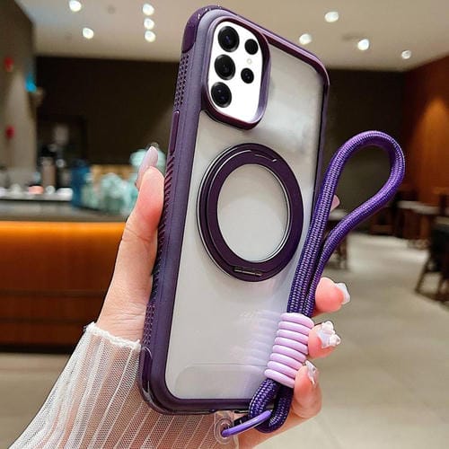 Funda MagSafe para Samsung Galaxy S25 Ultra / S24 Ultra 5G con borde transparente, rotación y correa de muñeca (morado oscuro)