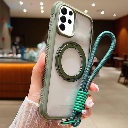 Funda MagSafe transparente con borde liso y soporte giratorio para Samsung Galaxy S25 Ultra/S24 Ultra 5G, con correa para la muñeca (verde militar)