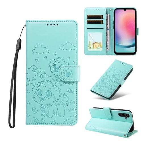Funda de cuero tipo billetera con bloqueo RFID para Samsung Galaxy A24 4G, con diseño de corazón y perro en relieve (verde)