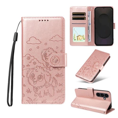 Funda de cuero tipo billetera con bloqueo RFID para Samsung Galaxy S25 FE 5G, con diseño de corazón y perro en relieve (oro rosa)