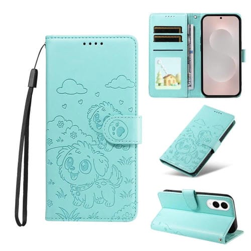 Funda de cuero tipo billetera con bloqueo RFID y diseño de corazón de perro en relieve para Samsung Galaxy S25 Edge 5G (verde)