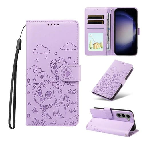 Funda de cuero tipo billetera con bloqueo RFID y diseño de corazón de perro en relieve para Samsung Galaxy S23+ 5G (morado)