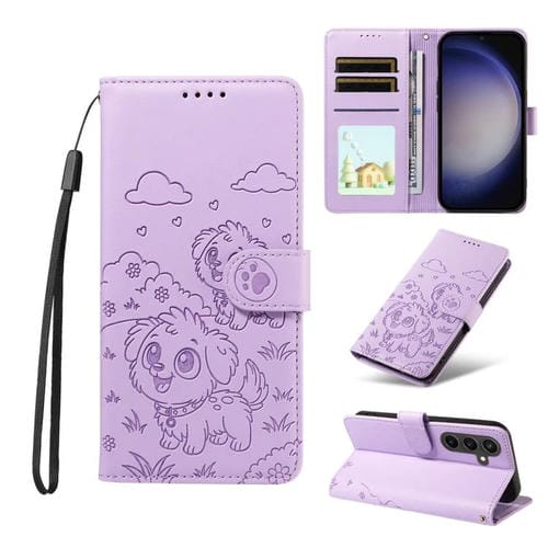 Funda de cuero tipo billetera con bloqueo RFID para Samsung Galaxy S23 FE 5G, con diseño de corazón y perro en relieve (morado)
