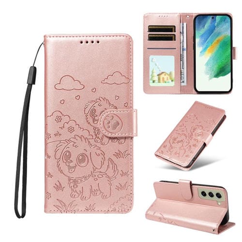 Funda de cuero con bloqueo RFID para Samsung Galaxy S21 FE 5G, diseño de corazón con perro en relieve (oro rosa)