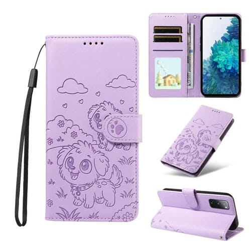 Funda de cuero tipo billetera con bloqueo RFID y diseño de corazón de perro en relieve para Samsung Galaxy S20 FE (morado)