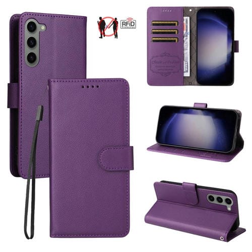 Funda de cuero tipo billetera con bloqueo RFID para Samsung Galaxy S23 5G, textura Litchi, para 3 tarjetas (morado)
