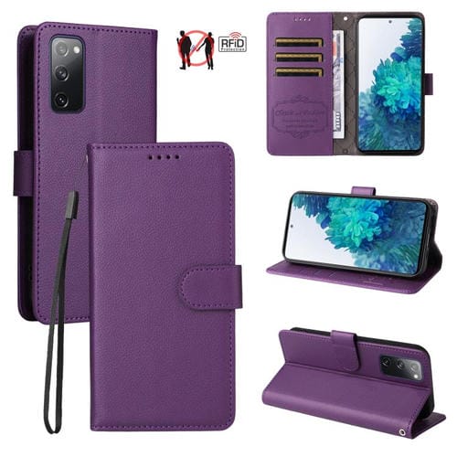 Funda de cuero tipo billetera con bloqueo RFID para Samsung Galaxy S20 FE, textura Litchi, para 3 tarjetas (morado)