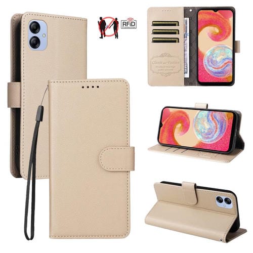 Funda de cuero tipo billetera con bloqueo RFID para Samsung Galaxy A04e 4G/F04, con textura Litchi y capacidad para 3 tarjetas (beige)