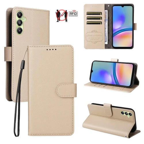 Funda de cuero tipo billetera con textura Litchi y bloqueo RFID para Samsung Galaxy A05s (beige)