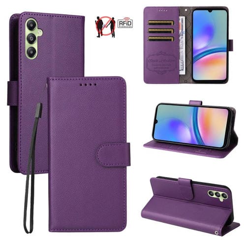Funda de cuero tipo billetera con bloqueo RFID para Samsung Galaxy A05s, textura Litchi, para 3 tarjetas (morado)