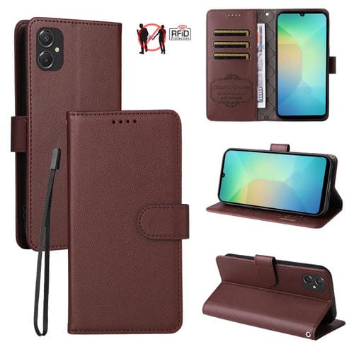 Funda de cuero con textura Litchi para Samsung Galaxy A06 4G/5G, con bloqueo RFID y capacidad para 3 tarjetas (marrón)