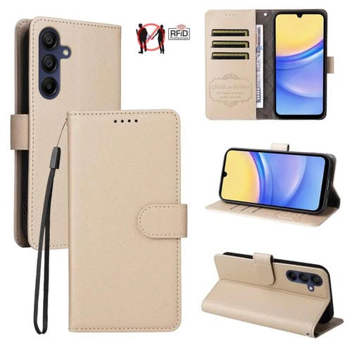 Funda de cuero tipo billetera con bloqueo RFID para Samsung Galaxy A15 4G/5G, textura Litchi, para 3 tarjetas (beige)