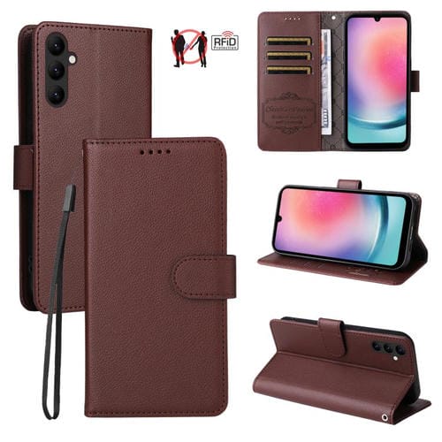 Funda de cuero con textura Litchi para Samsung Galaxy A24 4G, con bloqueo RFID y capacidad para 3 tarjetas (marrón)