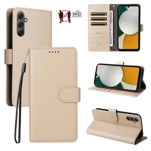 Funda de cuero tipo billetera con bloqueo RFID para Samsung Galaxy A34 5G, textura Litchi, para 3 tarjetas (beige)