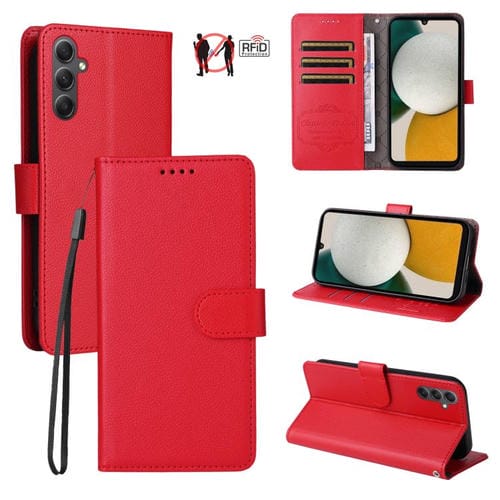 Funda de cuero con textura Litchi para Samsung Galaxy A34 5G, con bloqueo RFID y capacidad para 3 tarjetas (roja)