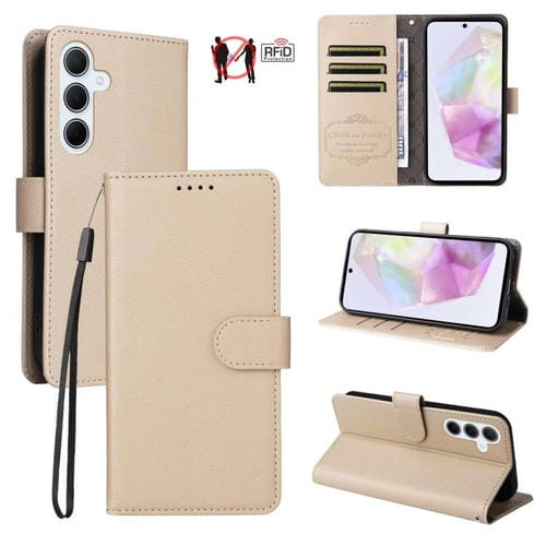 Funda de cuero tipo billetera con textura Litchi y bloqueo RFID para Samsung Galaxy A35 5G (beige)