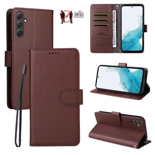 Funda de cuero con textura Litchi para Samsung Galaxy A54 5G, con bloqueo RFID y capacidad para 3 tarjetas (marrón)