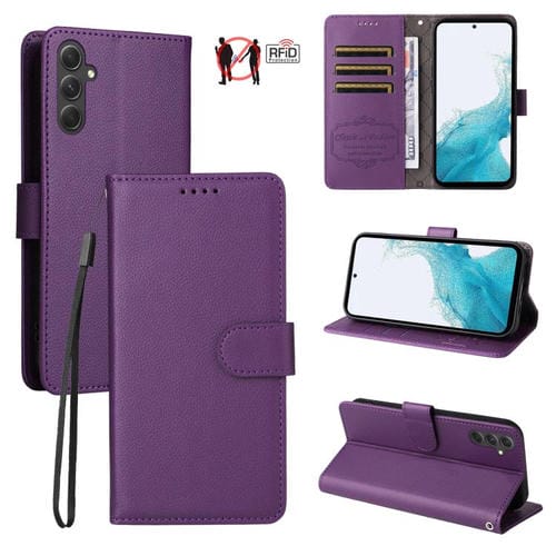 Funda de cuero tipo billetera con bloqueo RFID para Samsung Galaxy A54 5G, textura Litchi, para 3 tarjetas (morado)