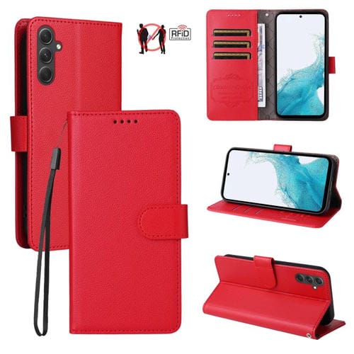 Funda de cuero con textura Litchi para Samsung Galaxy A54 5G, con bloqueo RFID y capacidad para 3 tarjetas (roja)