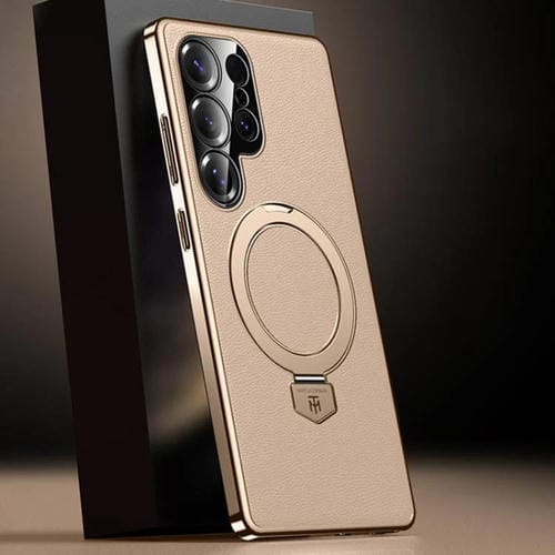 Funda de cuero lisa con soporte MagSafe para Samsung Galaxy S25 Ultra 5G (dorada)