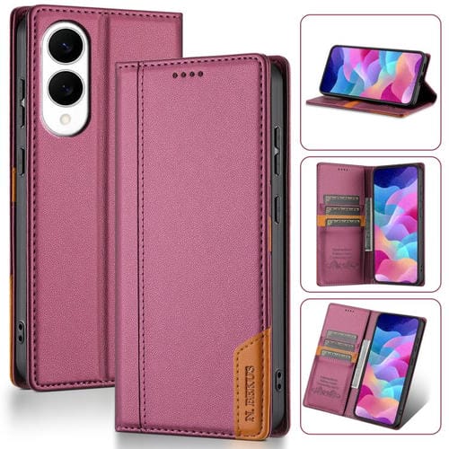 Funda de cuero con tapa magnética N.BEKUS P3 con costuras RFID para Samsung Galaxy S25 Edge 5G (rojo vino)