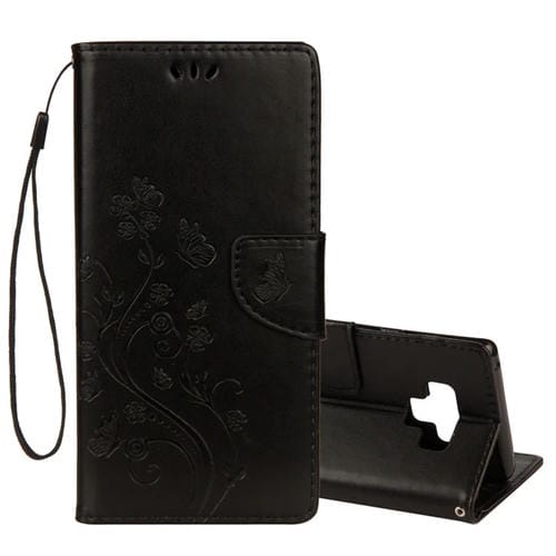 Estuche de cuero con tapa horizontal con patrón de mariposa en relieve con ranura para tarjeta, soporte, billetera y cordón para Galaxy Note9 (negro)