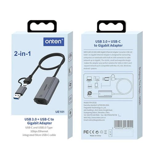 Tarjeta de Red Gigabit USB 3.0 Onten UE101 2 en 1 con Puerto de Red USB-C y Concentrador USB (Azul)