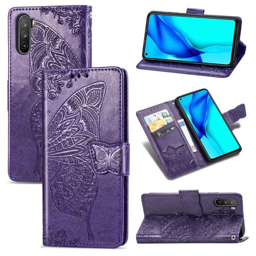 Para Huawei Mate 40 Lite / Maimang 9 Butterfly Love Flower Funda de cuero con tapa horizontal en relieve con soporte, ranuras para tarjetas, billetera y cordón (púrpura oscuro)