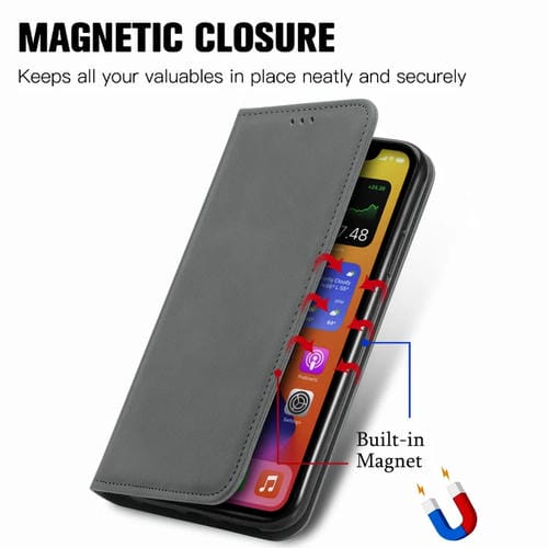 Funda de Cuero para iPhone 12 Pro Max con Tapa Horizontal Magnética Soporte Ranuras Tarjetas Billetera Marco Fotos (Gris)
